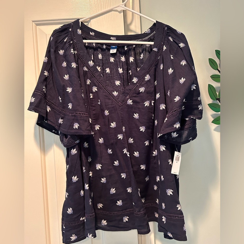 Old Navy Navy Blue Floral V-Neck Peasant Top